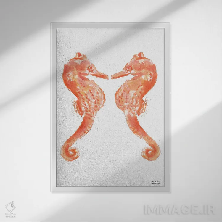 تابلو دکوراتیو اسب دریایی اول آبرنگ اثر میشل موسپنس - نمای قابدار سفید