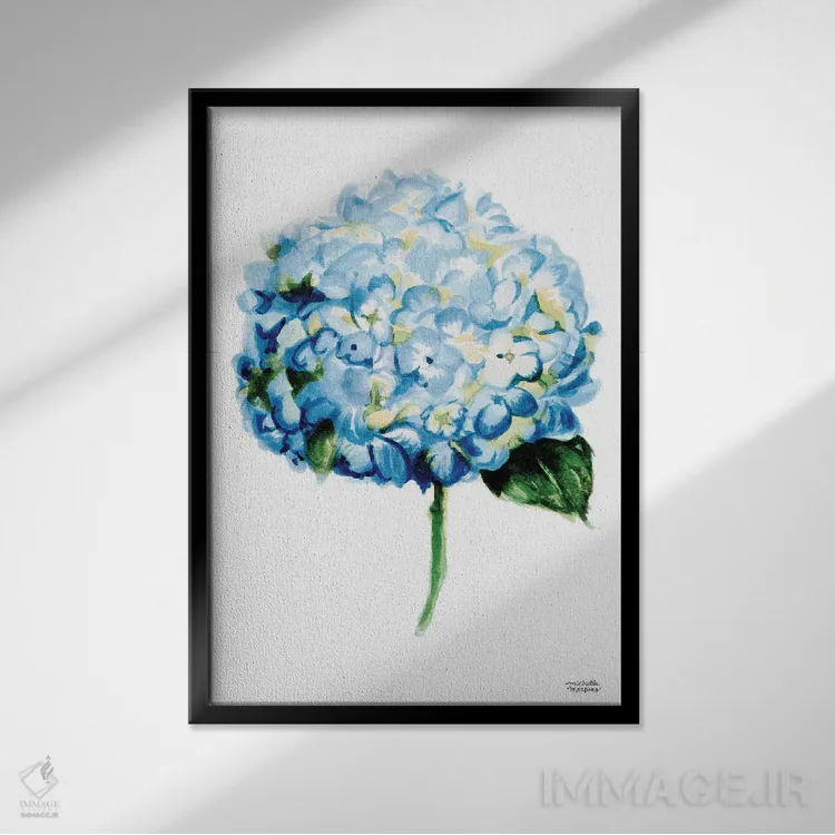 تابلو دکوراتیو هیدرانژای آبی آبرنگ اثر میشل موسپنس - نمای قابدار مشکی
