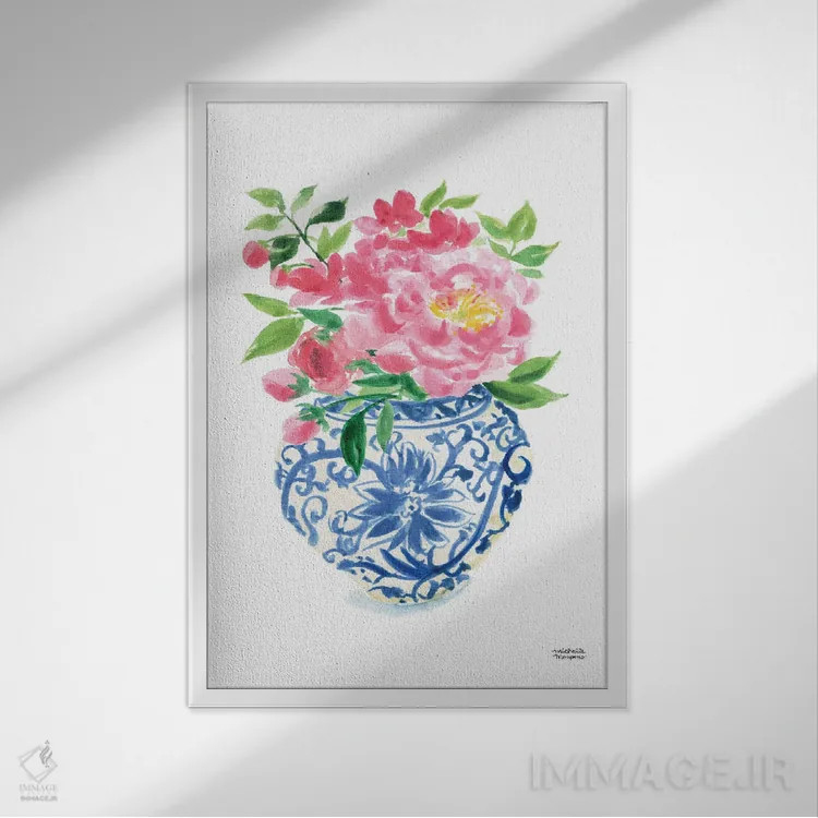 تابلو دکوراتیو کوزه زنجبیلی پنجم آبرنگ اثر میشل موسپنس - نمای قابدار سفید