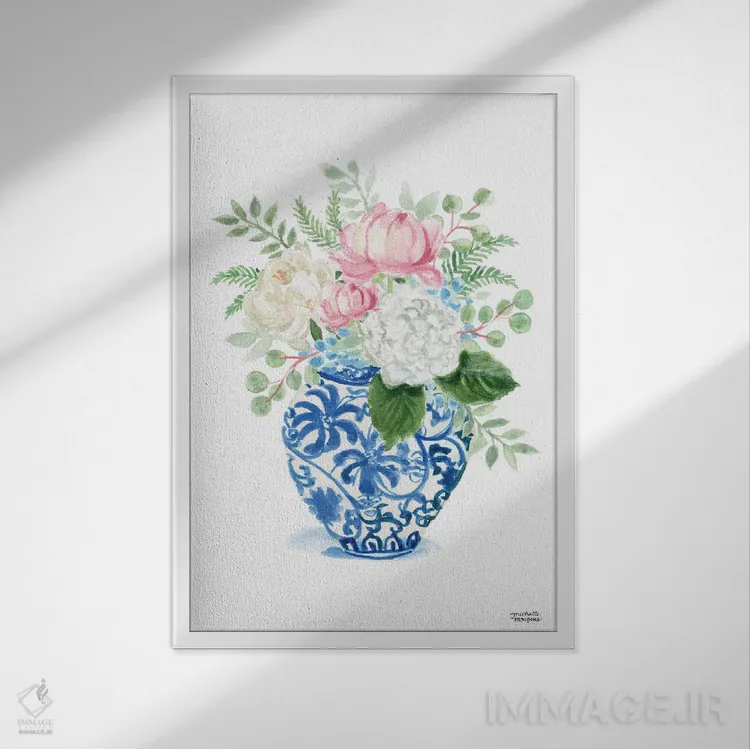 تابلو دکوراتیو کوزه زنجبیلی هفتم آبرنگ اثر میشل موسپنس - نمای قابدار سفید