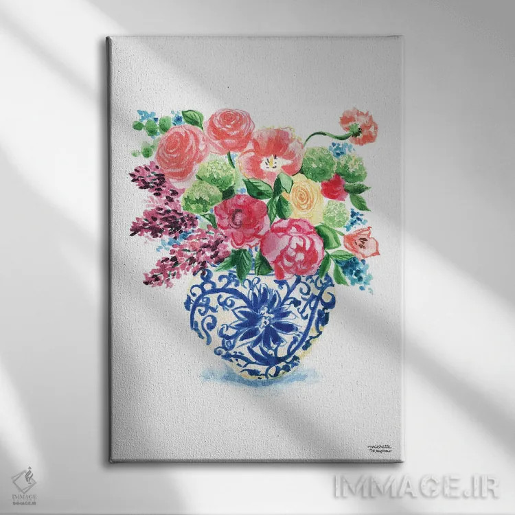 تابلو دکوراتیو دسته گل کوزه زنجبیلی پانزدهم آبرنگ اثر میشل موسپنس - نمای روبهرو روی دیوار