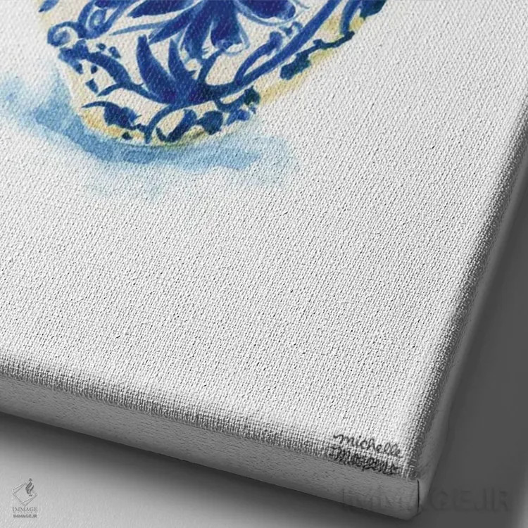 تابلو دکوراتیو دسته گل کوزه زنجبیلی پانزدهم آبرنگ اثر میشل موسپنس - نمای نزدیک بافت بوم