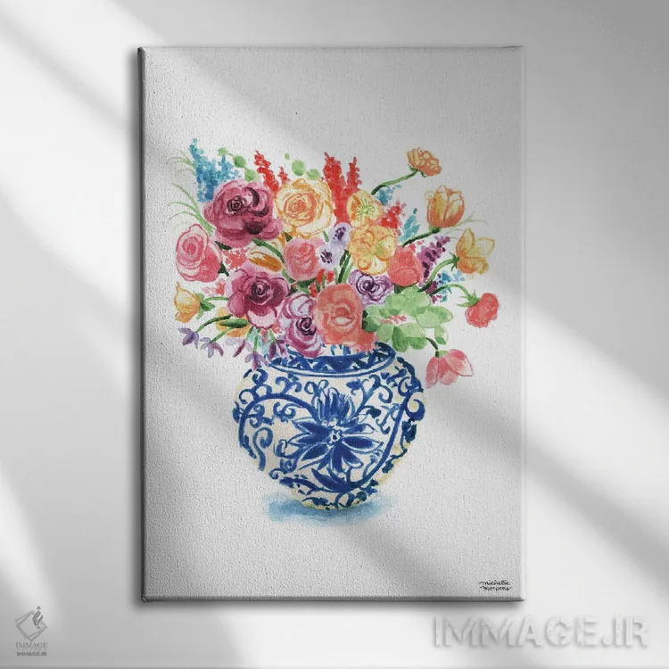 تابلو دکوراتیو دسته گل کوزه زنجبیلی شانزدهم آبرنگ اثر میشل موسپنس - نمای روبهرو روی دیوار