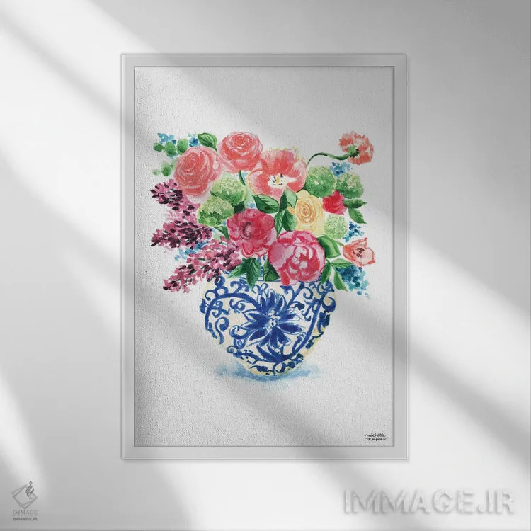 تابلو دکوراتیو دسته گل کوزه زنجبیلی پانزدهم آبرنگ اثر میشل موسپنس - نمای قابدار سفید