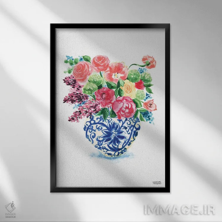 تابلو دکوراتیو دسته گل کوزه زنجبیلی پانزدهم آبرنگ اثر میشل موسپنس - نمای قابدار مشکی