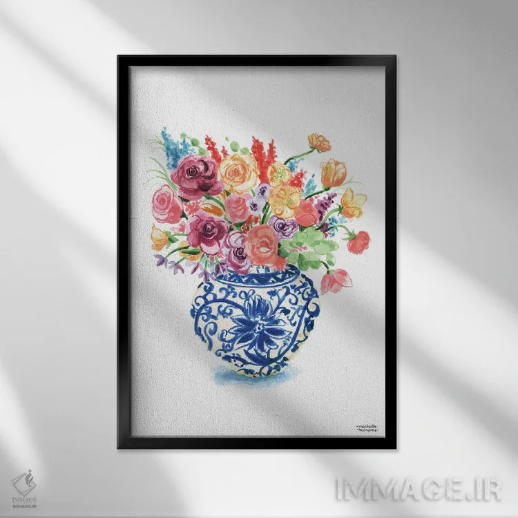 تابلو دکوراتیو دسته گل کوزه زنجبیلی شانزدهم آبرنگ اثر میشل موسپنس - نمای قابدار مشکی