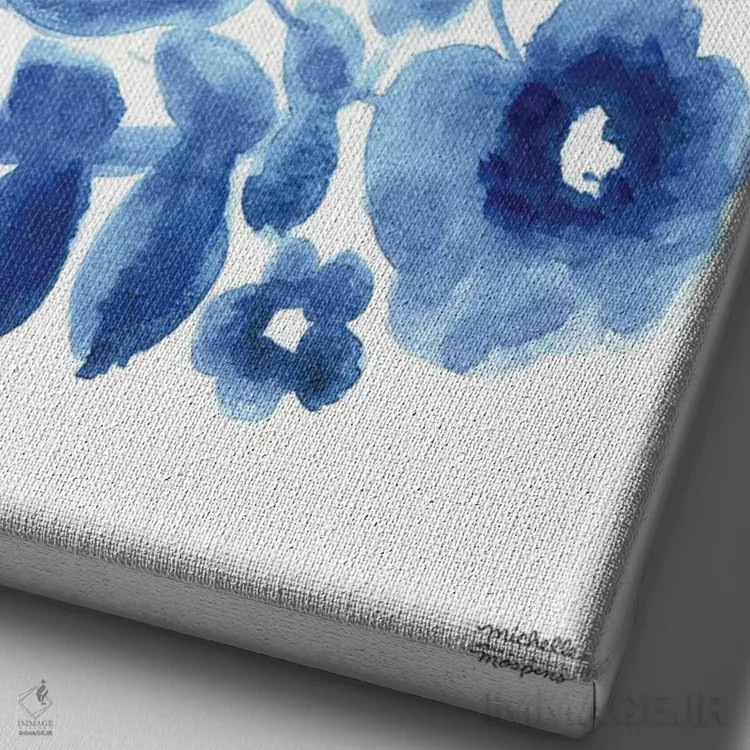 تابلو دکوراتیو گل های آب رنگی نیلی انتزاعی اثر میشل موسپنس - نمای نزدیک بافت بوم