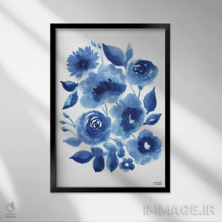 تابلو دکوراتیو گل های آب رنگی نیلی انتزاعی اثر میشل موسپنس - نمای قابدار مشکی
