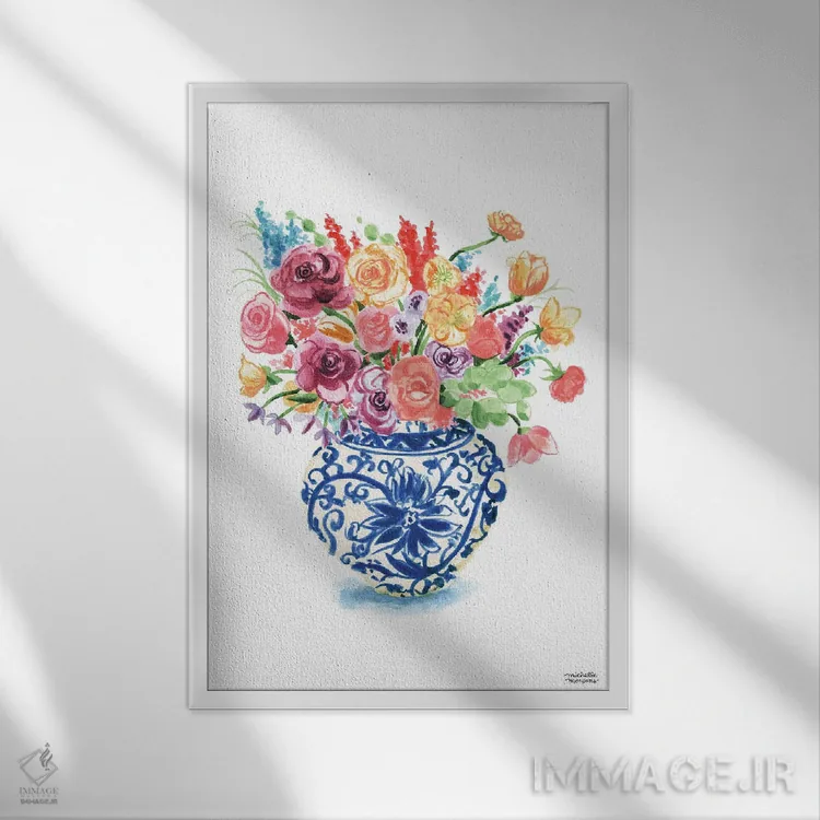 تابلو دکوراتیو دسته گل کوزه زنجبیلی شانزدهم آبرنگ اثر میشل موسپنس - نمای قابدار سفید