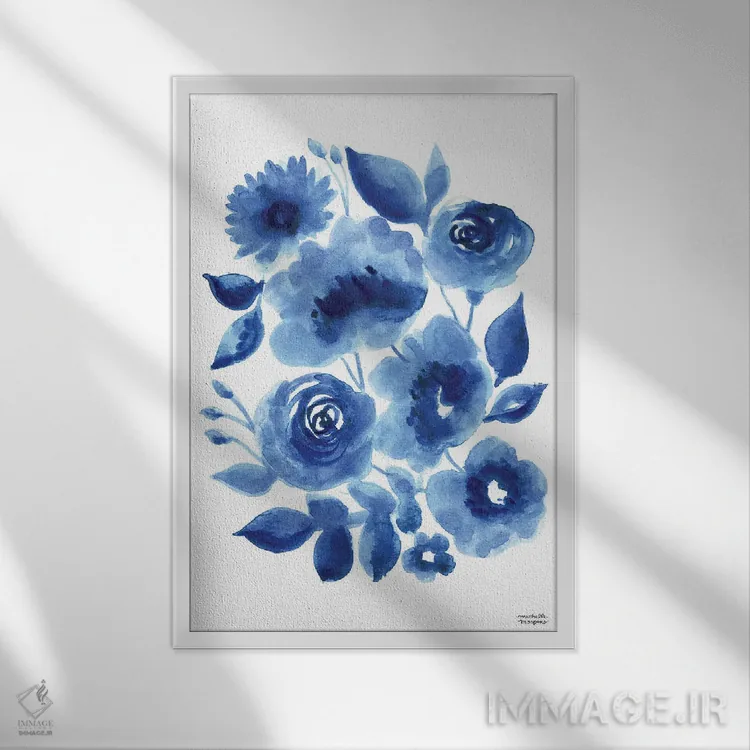 تابلو دکوراتیو گل های آب رنگی نیلی انتزاعی اثر میشل موسپنس - نمای قابدار سفید