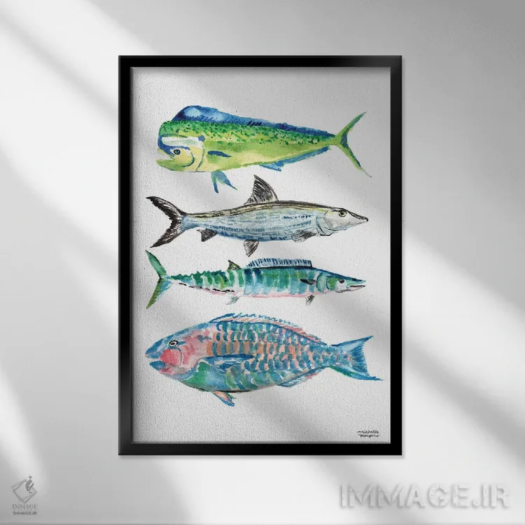 تابلو دکوراتیو ماهی گرند کیمن آبرنگ اثر میشل موسپنس - نمای قابدار مشکی