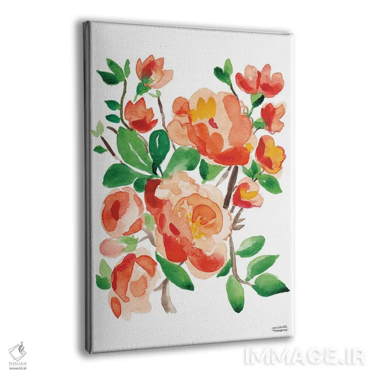 تابلو دکوراتیو گل صد تومانی مرجانی نارنجی آبرنگ اثر میشل موسپنس - نمای پرسپکتیو محصول