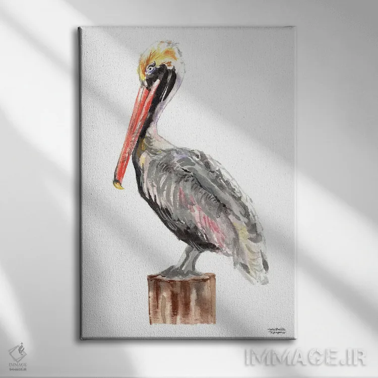تابلو دکوراتیو پرنده پلیکان آبرنگ اثر میشل موسپنس - نمای روبهرو روی دیوار