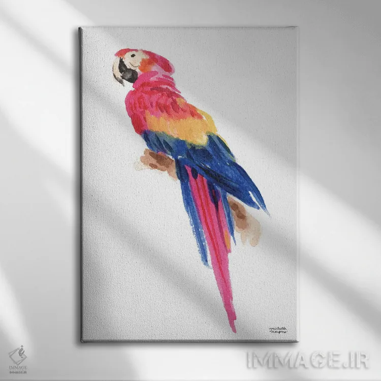 تابلو دکوراتیو طوطی استوایی آبرنگ اثر میشل موسپنس - نمای روبهرو روی دیوار