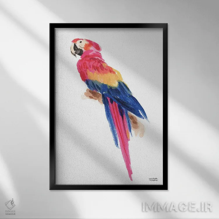 تابلو دکوراتیو طوطی استوایی آبرنگ اثر میشل موسپنس - نمای قابدار مشکی