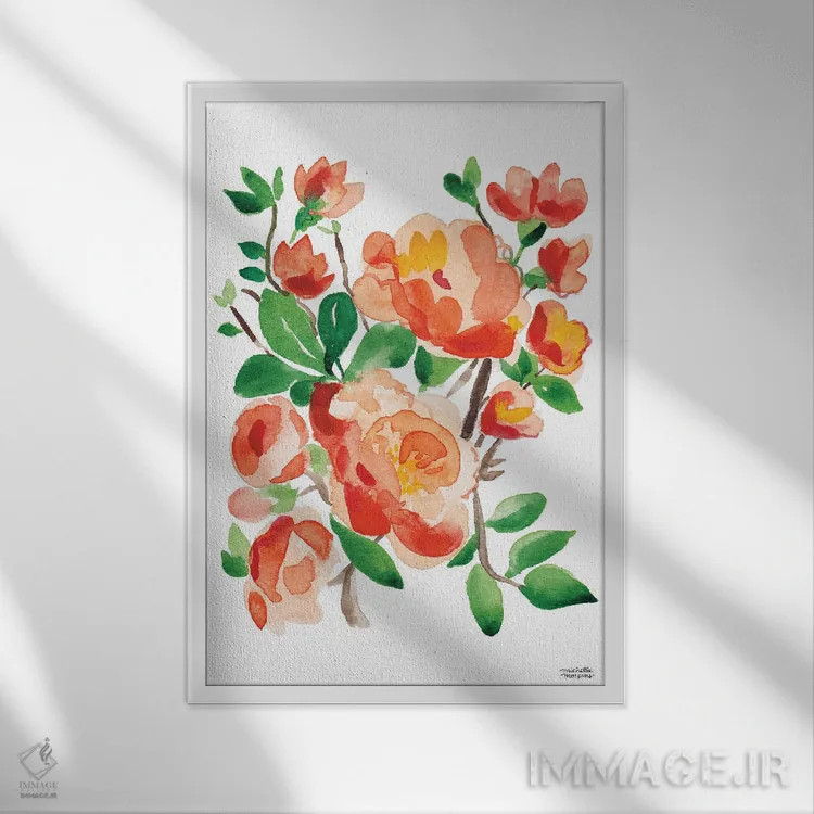 تابلو دکوراتیو گل صد تومانی مرجانی نارنجی آبرنگ اثر میشل موسپنس - نمای قابدار سفید