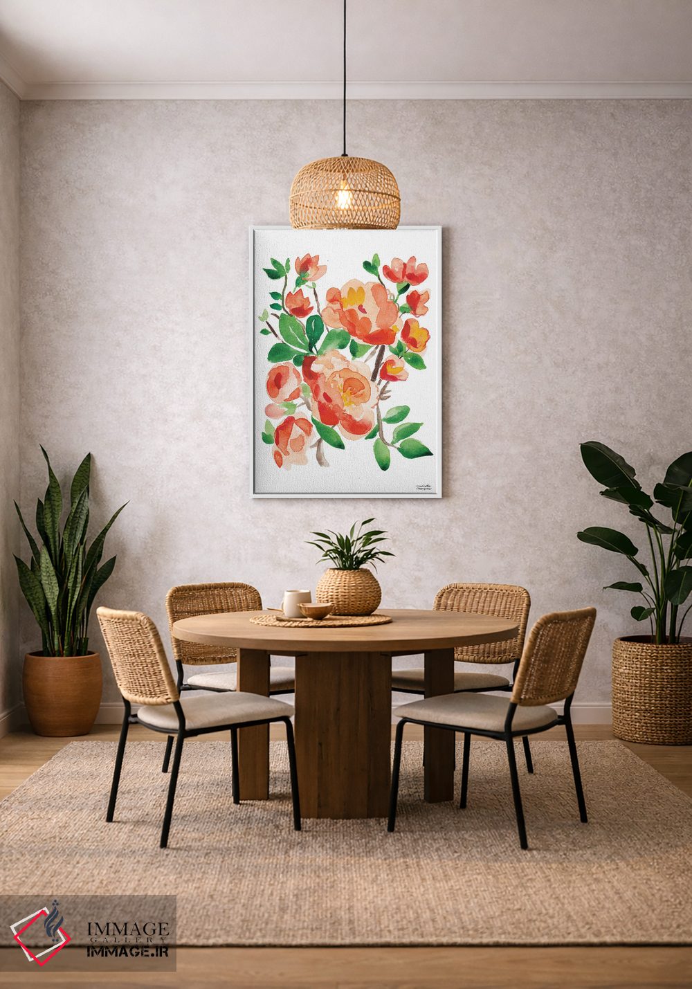 تابلو دکوراتیو گل صد تومانی مرجانی نارنجی آبرنگ اثر میشل موسپنس - D3W