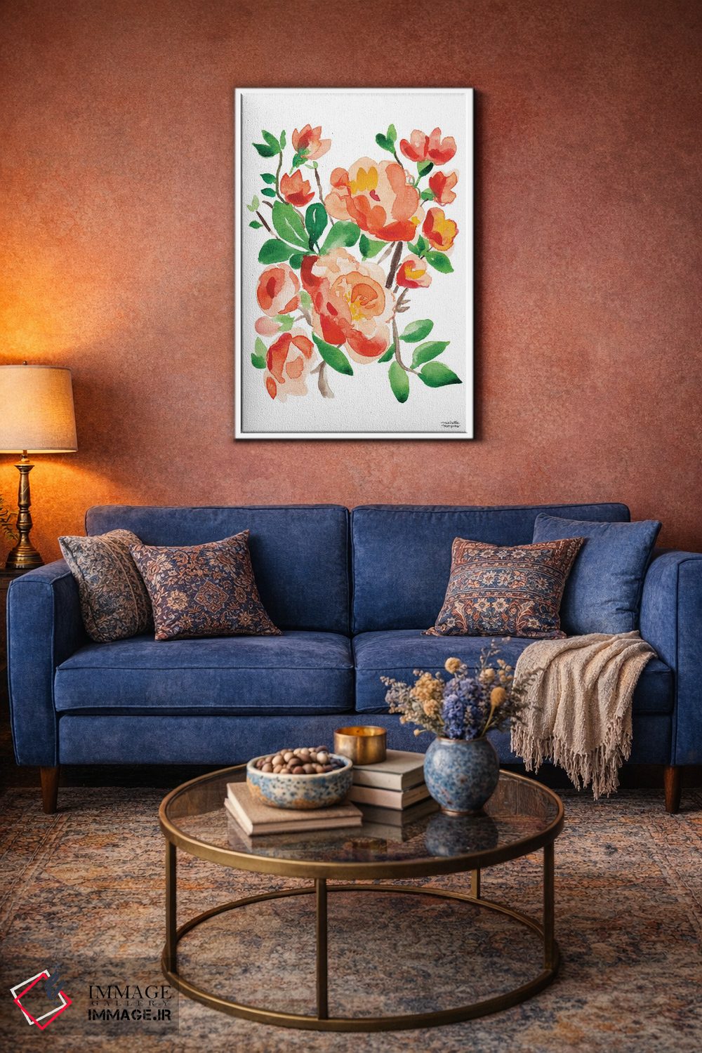 تابلو دکوراتیو گل صد تومانی مرجانی نارنجی آبرنگ اثر میشل موسپنس - D4W