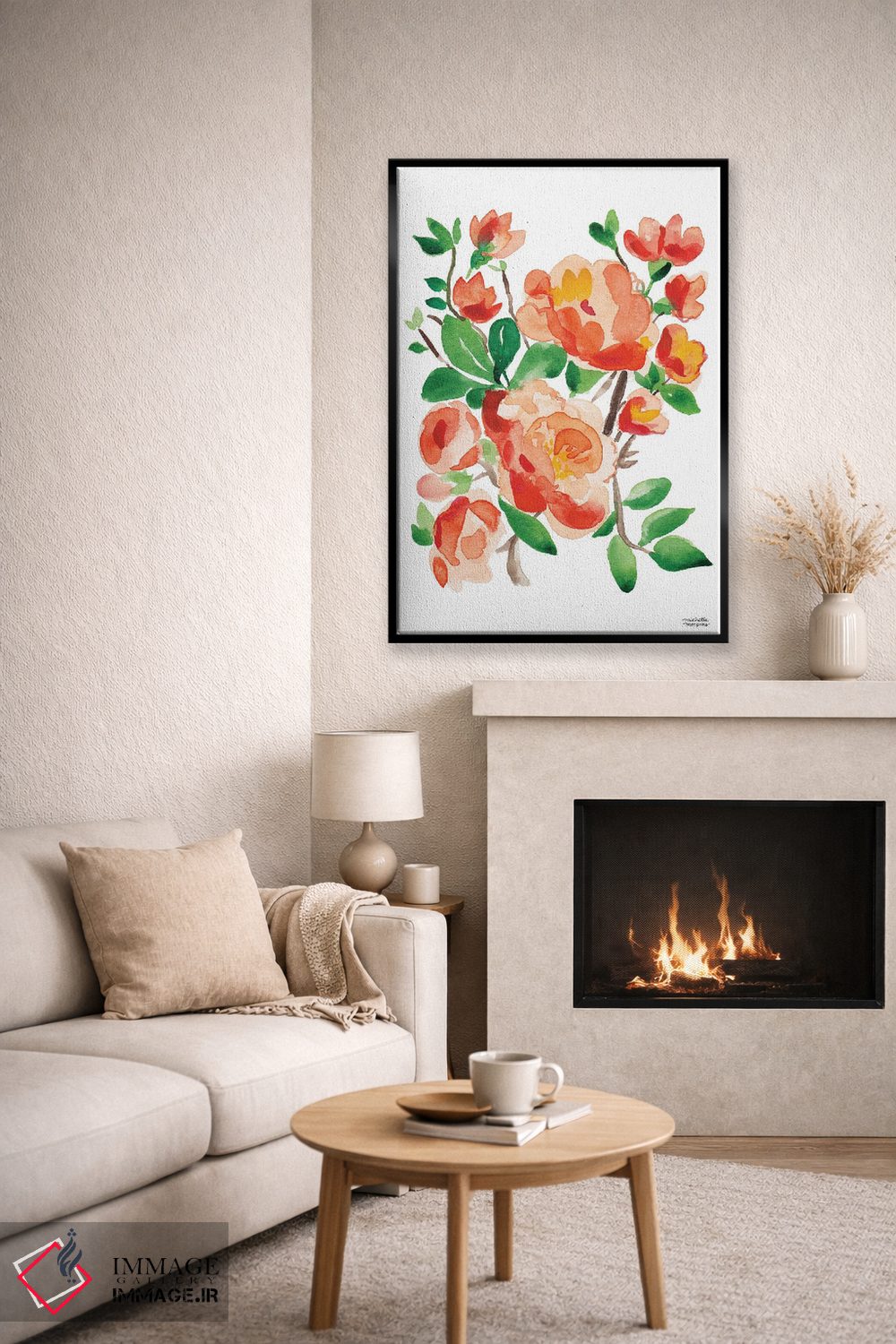 تابلو دکوراتیو گل صد تومانی مرجانی نارنجی آبرنگ اثر میشل موسپنس - D6B