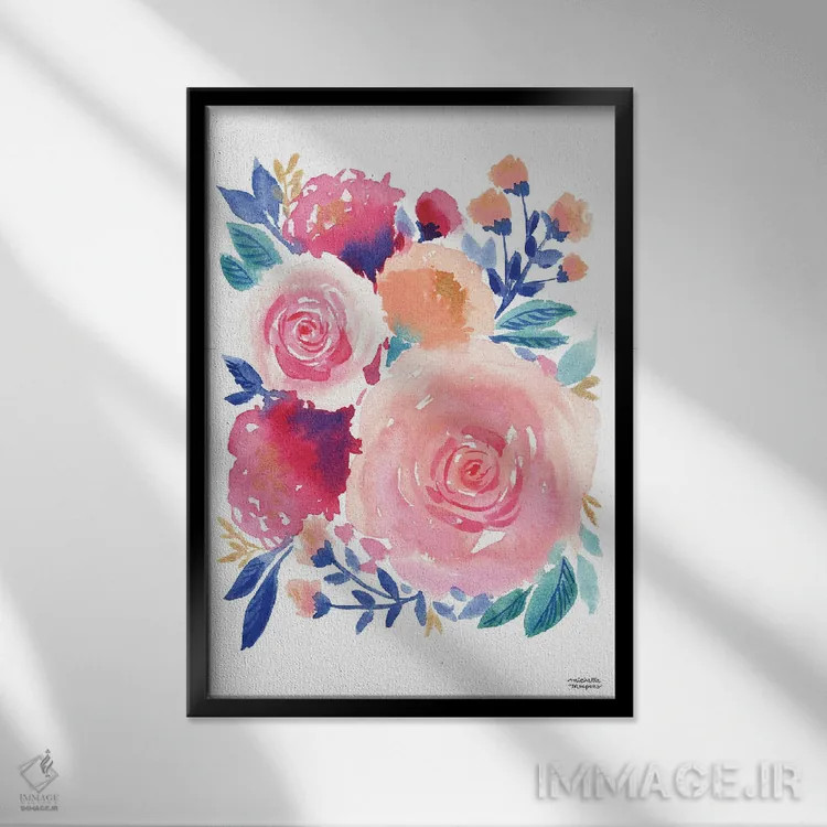 تابلو دکوراتیو قدرت گل آبرنگ اثر میشل موسپنس - نمای قابدار مشکی