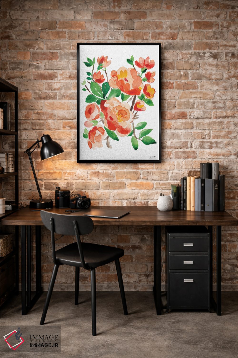 تابلو دکوراتیو گل صد تومانی مرجانی نارنجی آبرنگ اثر میشل موسپنس - D5B