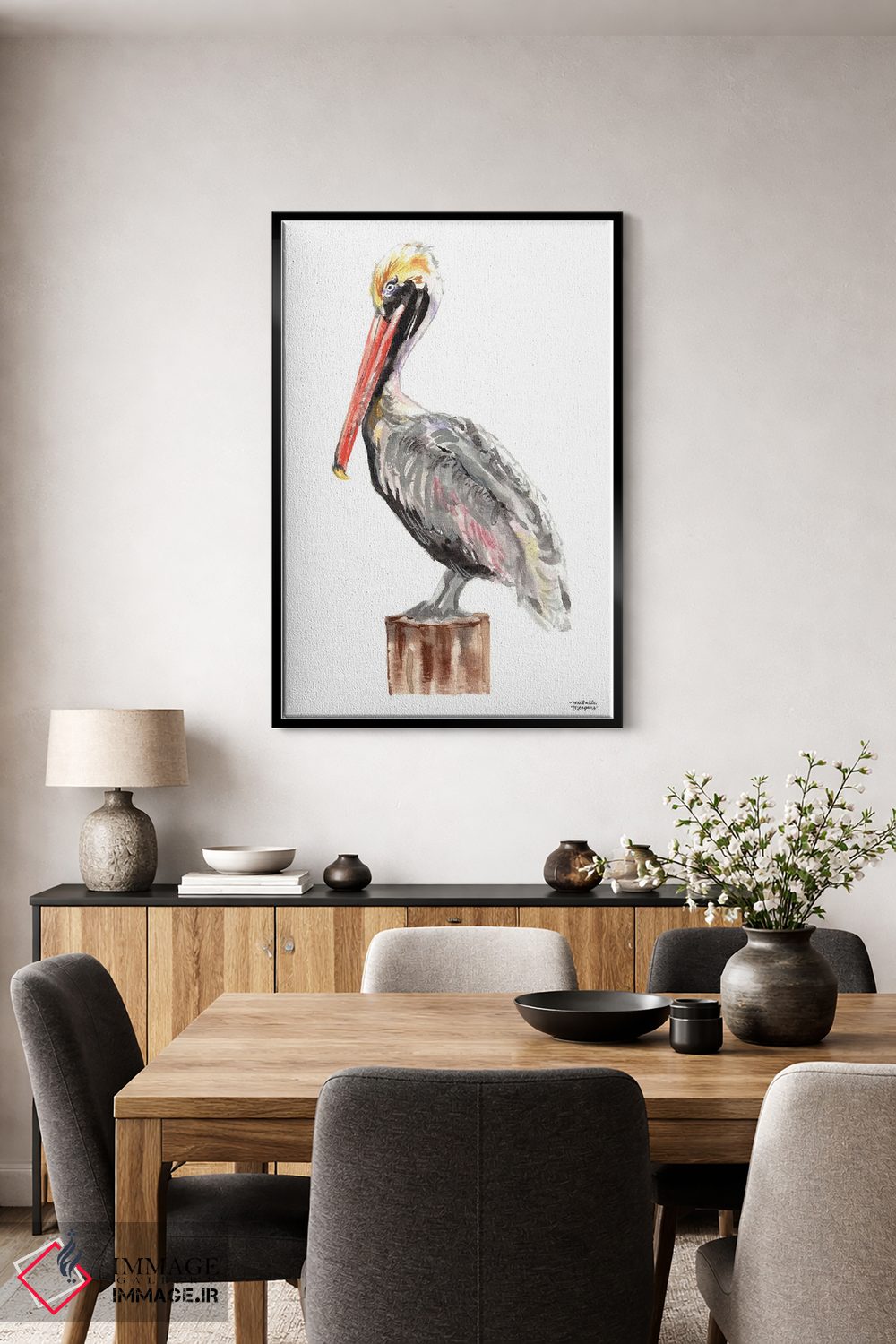 تابلو دکوراتیو پرنده پلیکان آبرنگ اثر میشل موسپنس - D6B