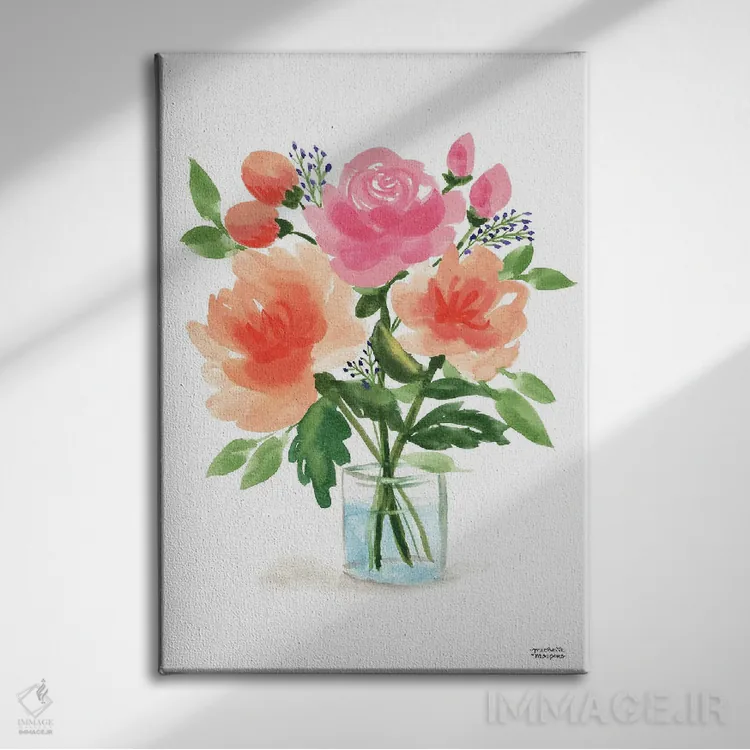 تابلو دکوراتیو زندگی بی جان دسته گل نقاشی اول آبرنگ اثر میشل موسپنس - نمای روبهرو روی دیوار