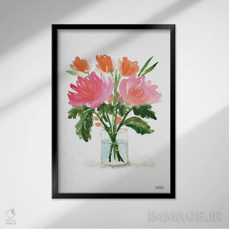 تابلو دکوراتیو زندگی بی جان دسته گل نقاشی سوم آبرنگ اثر میشل موسپنس - نمای قابدار مشکی