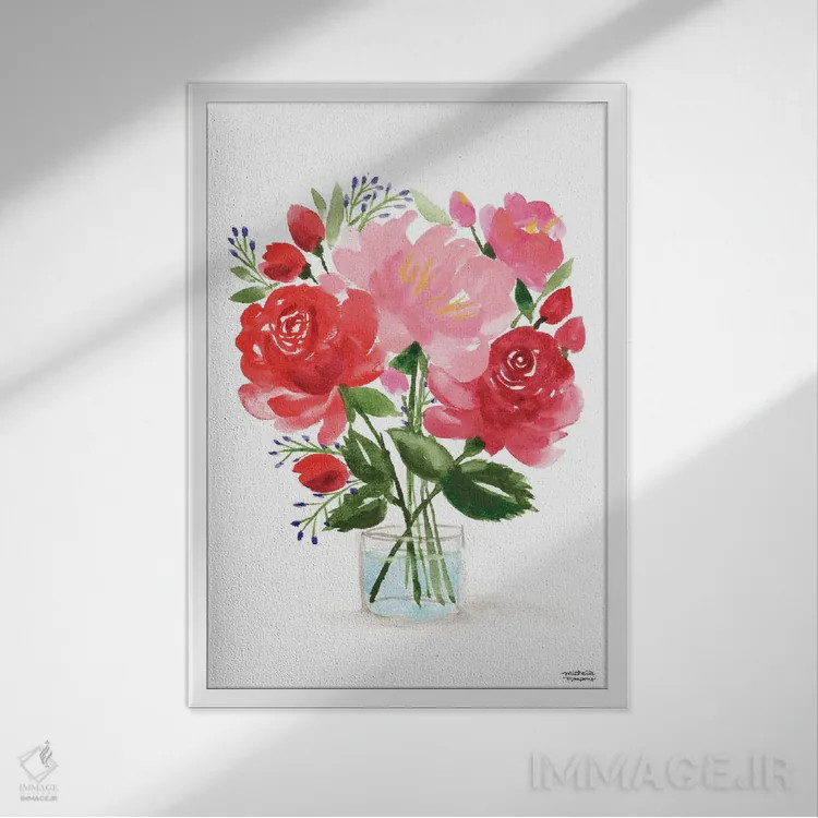 تابلو دکوراتیو زندگی بی جان دسته گل نقاشی چهارم آبرنگ اثر میشل موسپنس - نمای قابدار سفید