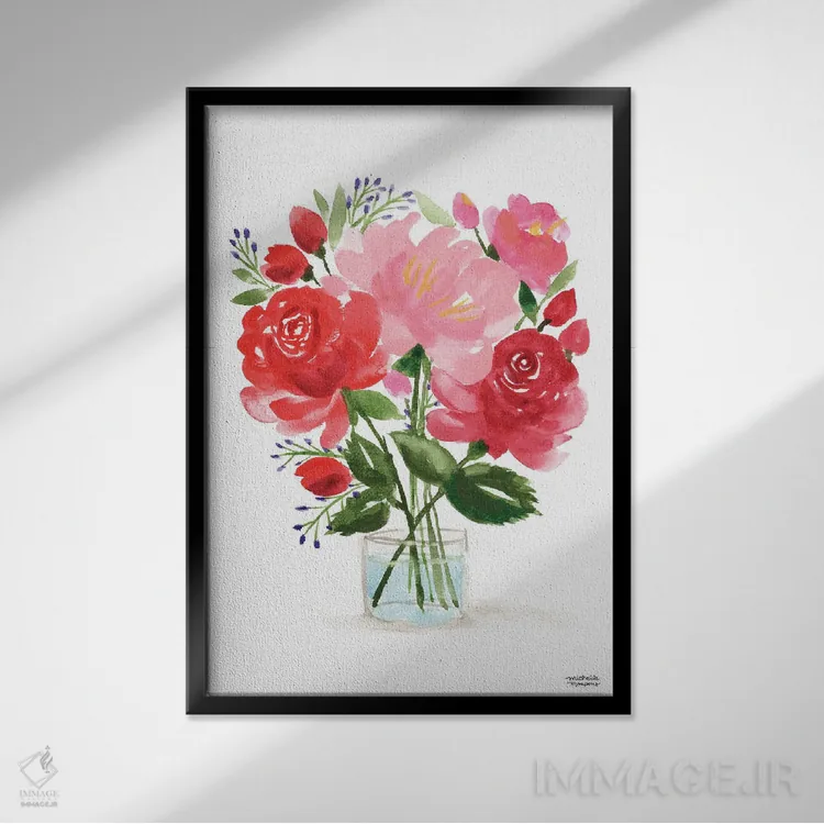 تابلو دکوراتیو زندگی بی جان دسته گل نقاشی چهارم آبرنگ اثر میشل موسپنس - نمای قابدار مشکی