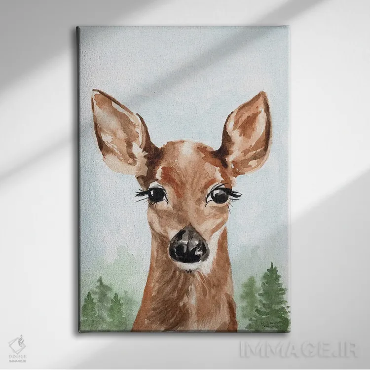 تابلو دکوراتیو بچه آهو آبرنگ اثر میشل موسپنس - نمای روبهرو روی دیوار