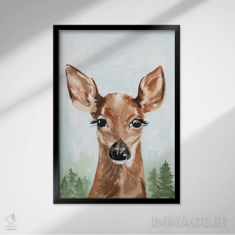 تابلو دکوراتیو بچه آهو آبرنگ اثر میشل موسپنس - نمای قابدار مشکی