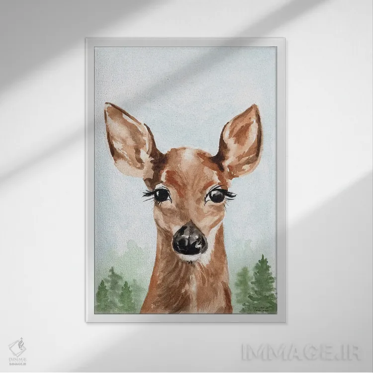 تابلو دکوراتیو بچه آهو آبرنگ اثر میشل موسپنس - نمای قابدار سفید