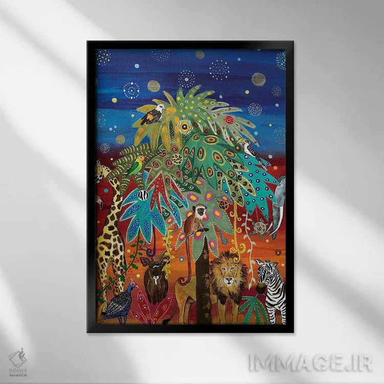 تابلو دکوراتیو "وقت مهمانی در ساوانا" اثر ماگالی مودوکس - نمای قابدار مشکی