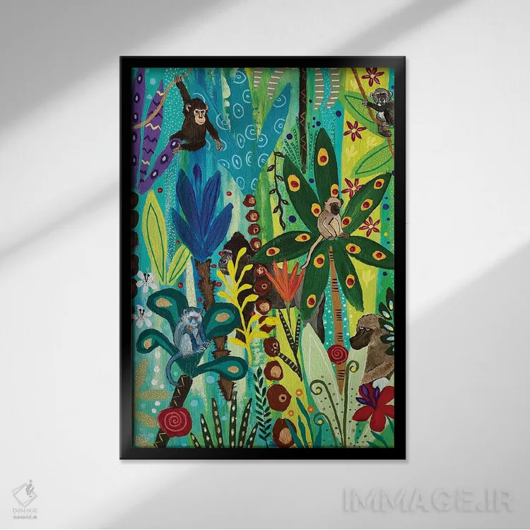 تابلو دکوراتیو "قایم موشک با میمون ها" اثر ماگالی مودوکس - نمای قابدار مشکی