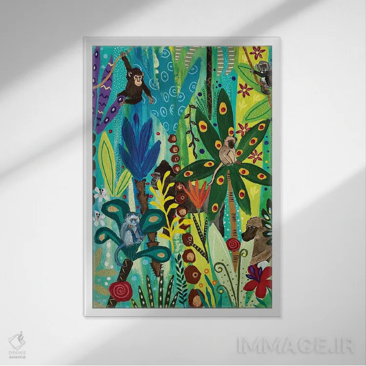 تابلو دکوراتیو "قایم موشک با میمون ها" اثر ماگالی مودوکس - نمای قابدار سفید