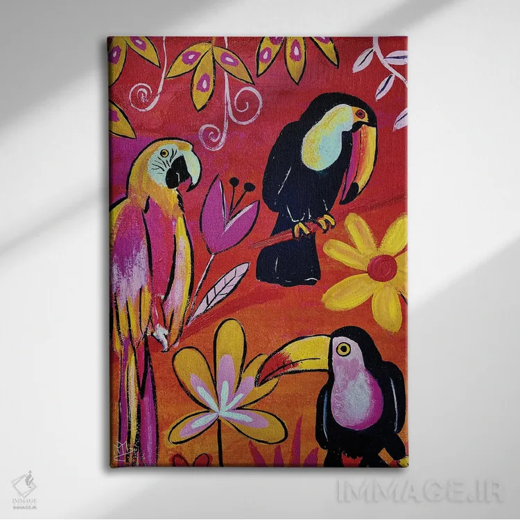 تابلو دکوراتیو "راپسودی پرندگان گرمسیری" اثر ماگالی مودوکس - نمای روبهرو روی دیوار