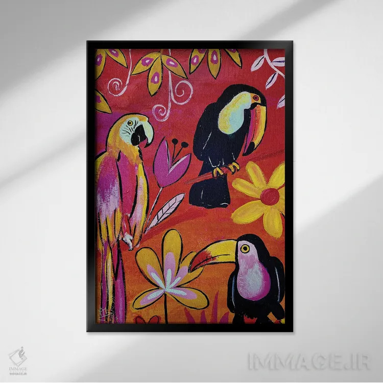تابلو دکوراتیو "راپسودی پرندگان گرمسیری" اثر ماگالی مودوکس - نمای قابدار مشکی