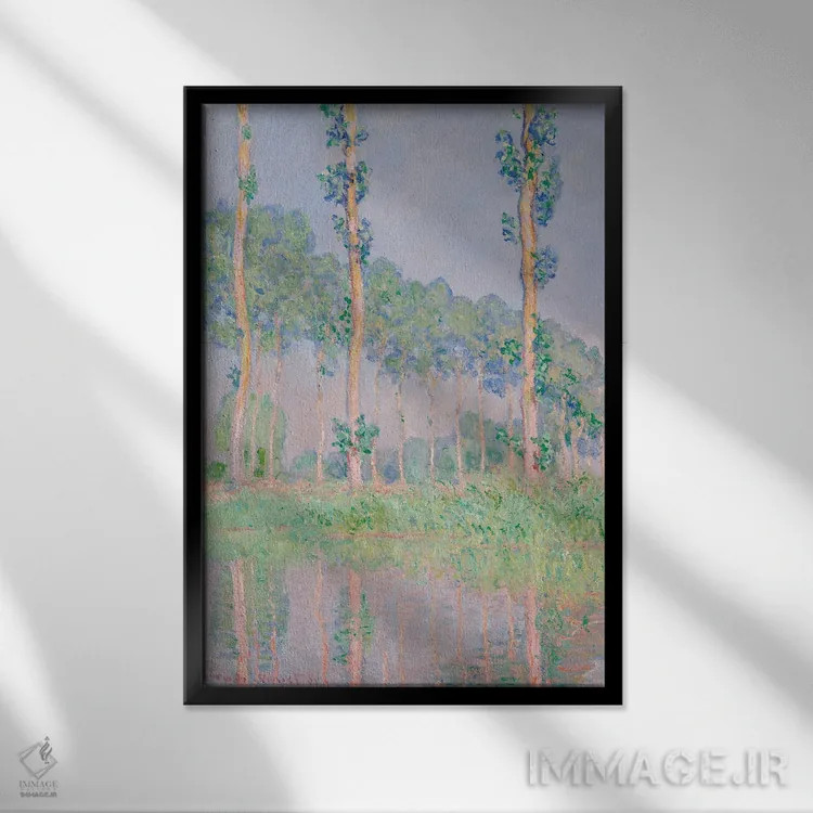 تابلو کلاسیک درختان صنوبر با جلوه صورتی، ۱۸۹۱ اثر کلود مونه - نمای قابدار مشکی