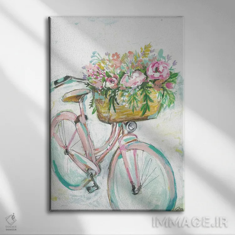 تابلو دکوراتیو دوچرخه با سبد گل اثر جسیکا مینگو - نمای روبهرو روی دیوار