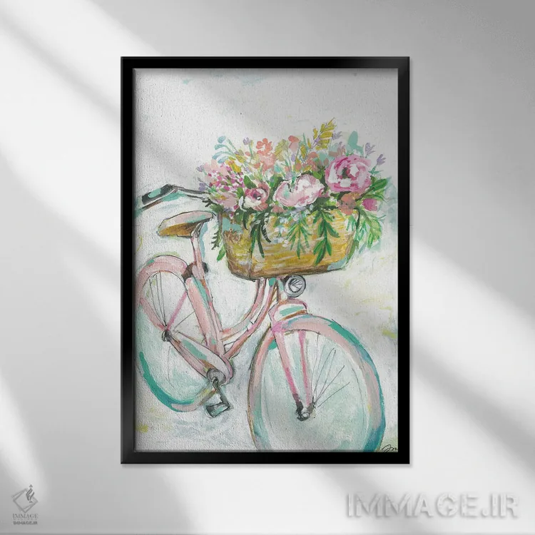 تابلو دکوراتیو دوچرخه با سبد گل اثر جسیکا مینگو - نمای قابدار مشکی