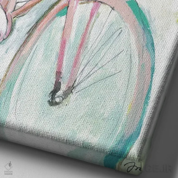 تابلو دکوراتیو دوچرخه با سبد گل اثر جسیکا مینگو - نمای نزدیک بافت بوم