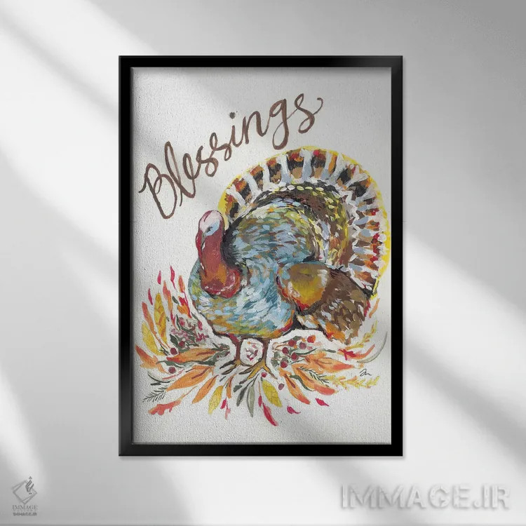 تابلو دکوراتیو برکات بوقلمون اثر جسیکا مینگو - نمای قابدار مشکی