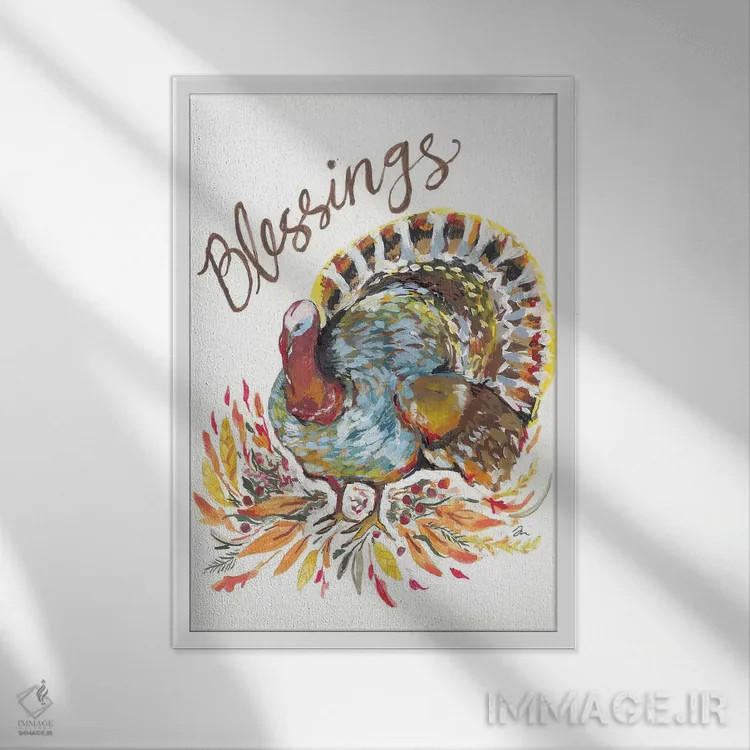 تابلو دکوراتیو برکات بوقلمون اثر جسیکا مینگو - نمای قابدار سفید