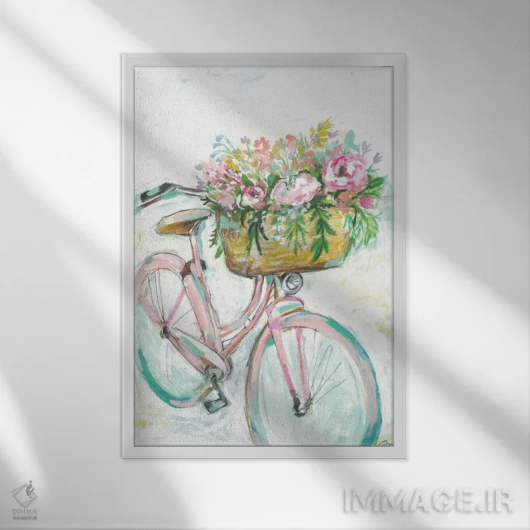 تابلو دکوراتیو دوچرخه با سبد گل اثر جسیکا مینگو - نمای قابدار سفید