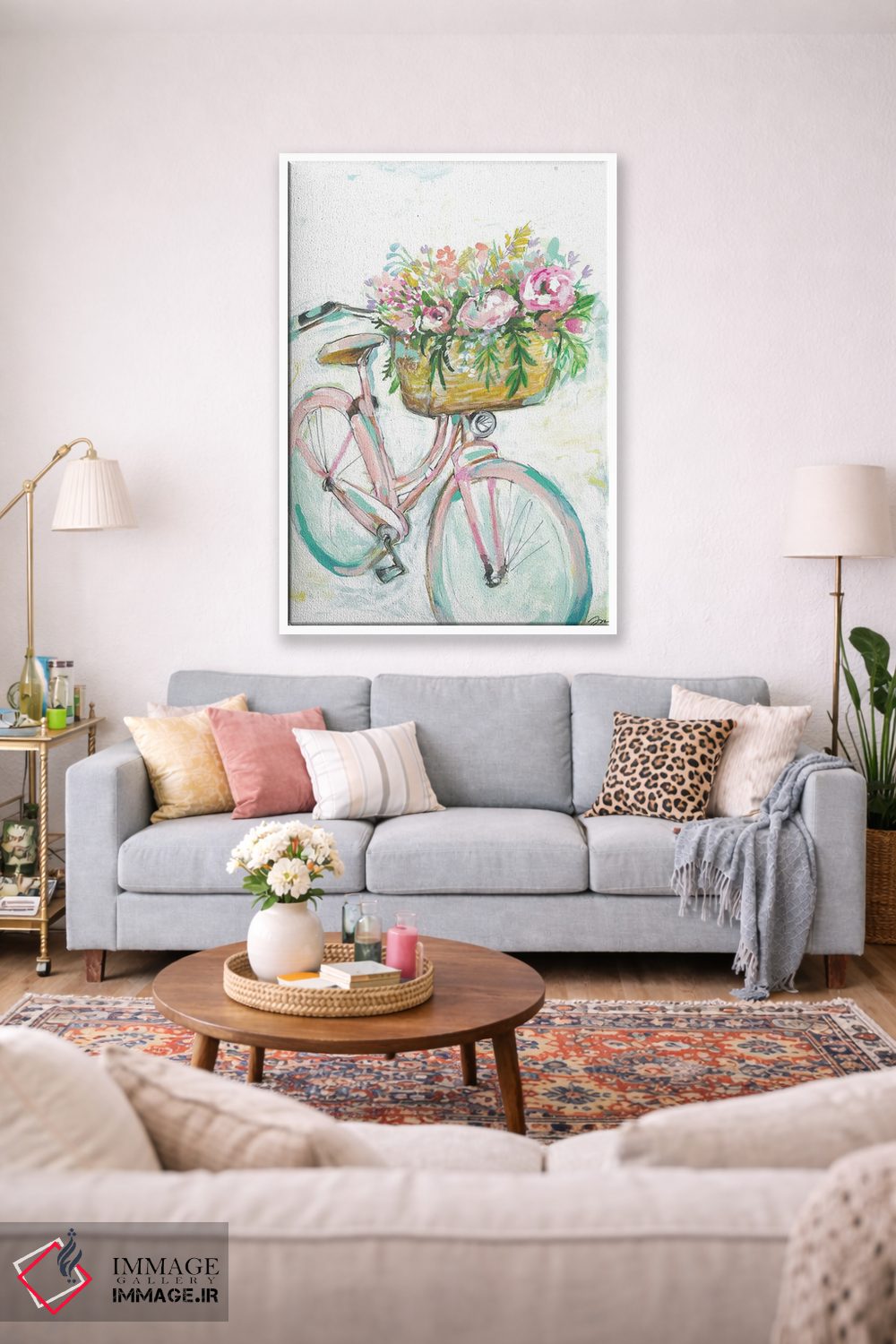 تابلو دکوراتیو دوچرخه با سبد گل اثر جسیکا مینگو - D1W