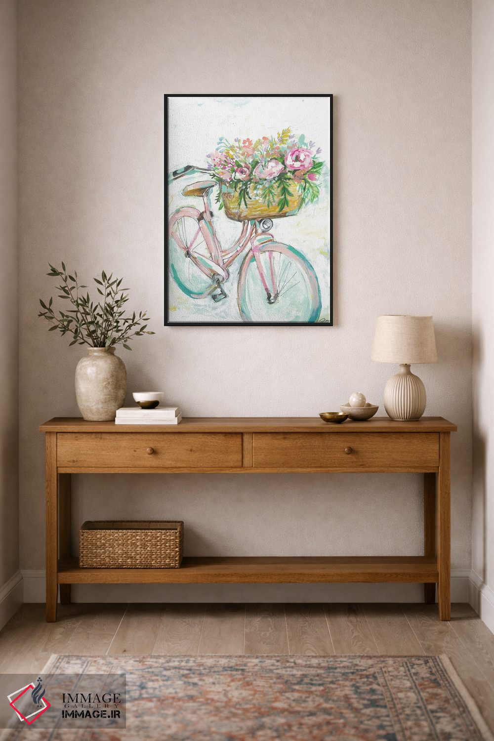 تابلو دکوراتیو دوچرخه با سبد گل اثر جسیکا مینگو - D2B