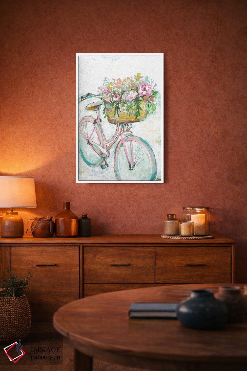 تابلو دکوراتیو دوچرخه با سبد گل اثر جسیکا مینگو - D4W