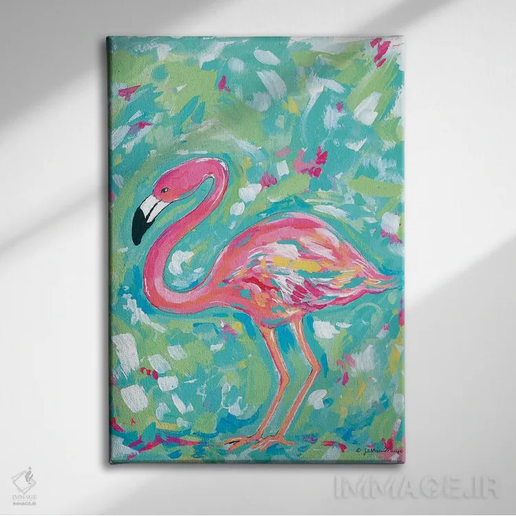 تابلو دکوراتیو فلامینگو تابستانی اثر جسیکا مینگو - نمای روبهرو روی دیوار