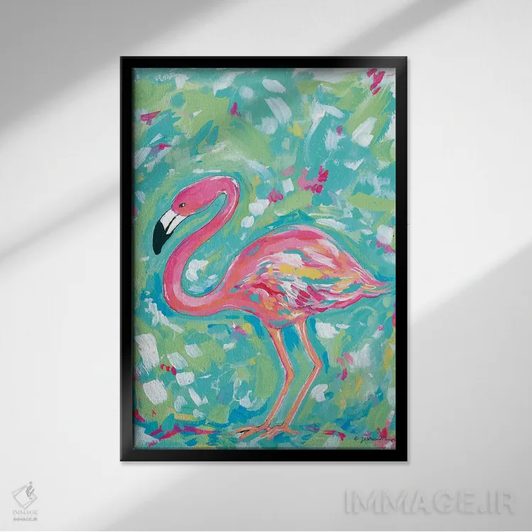 تابلو دکوراتیو فلامینگو تابستانی اثر جسیکا مینگو - نمای قابدار مشکی